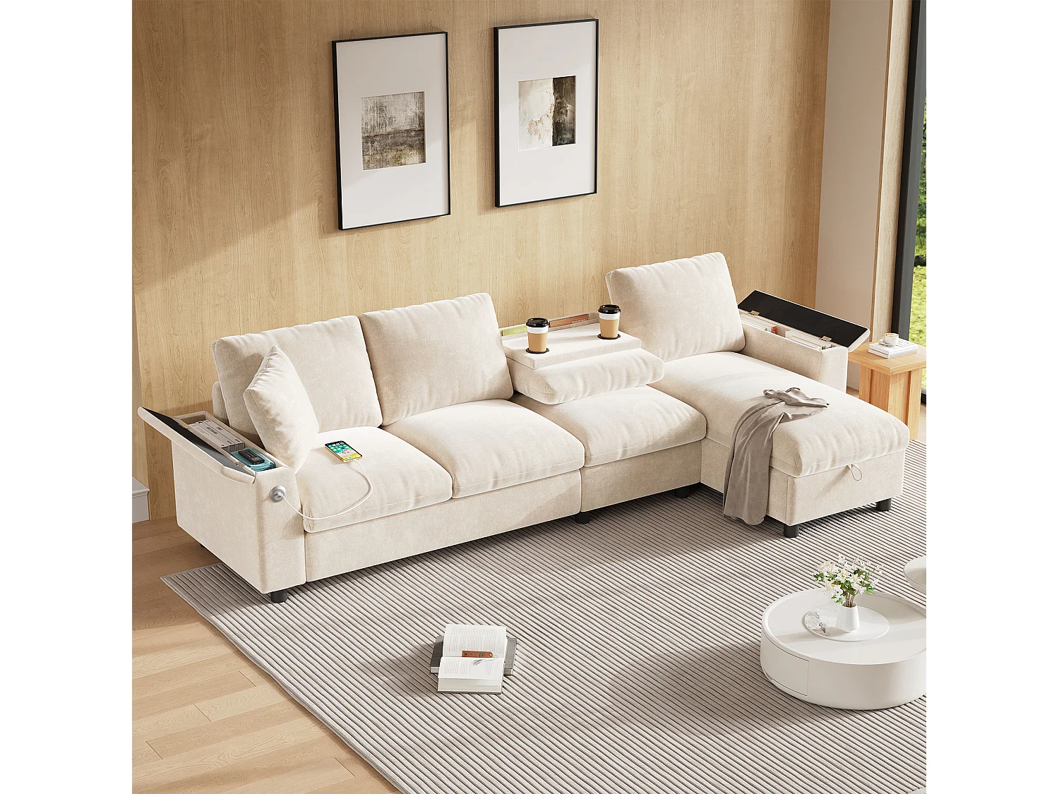 Divano angolare 4 posti con 2 braccioli e contenitore + tavolino pieghevole con 2 portabicchieri + porta USB - ciniglia - beige