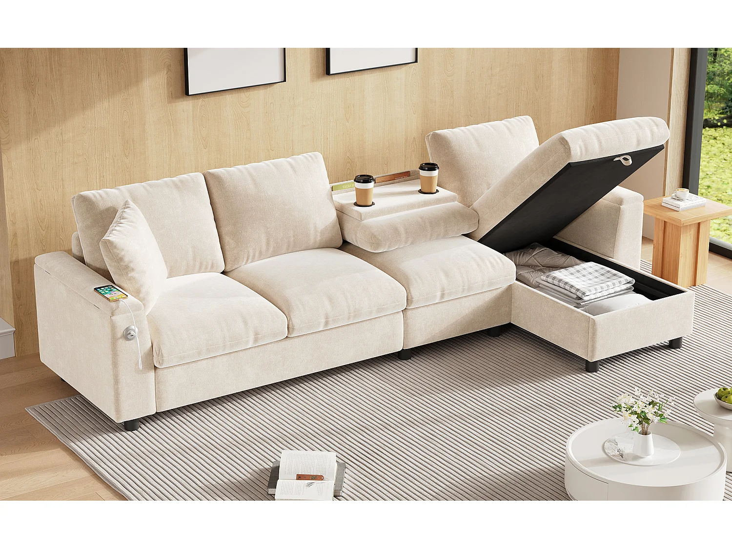 Divano angolare 4 posti con 2 braccioli e contenitore + tavolino pieghevole con 2 portabicchieri + porta USB - ciniglia - beige