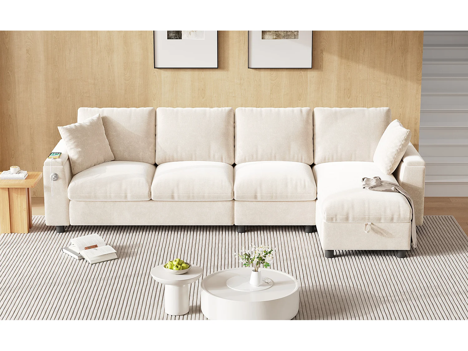 Divano angolare 4 posti con 2 braccioli e contenitore + tavolino pieghevole con 2 portabicchieri + porta USB - ciniglia - beige