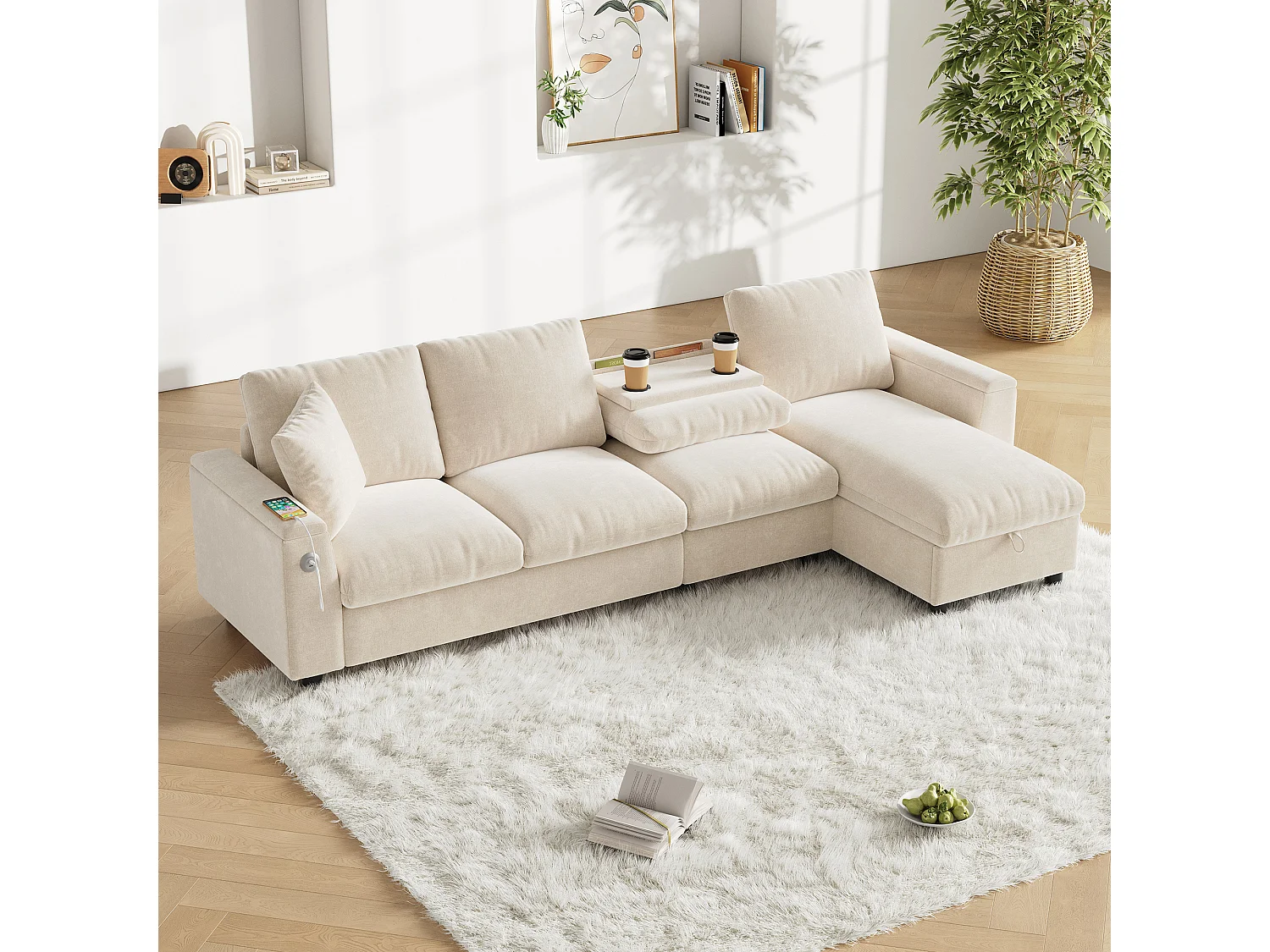 Divano angolare 4 posti con 2 braccioli e contenitore + tavolino pieghevole con 2 portabicchieri + porta USB - ciniglia - beige