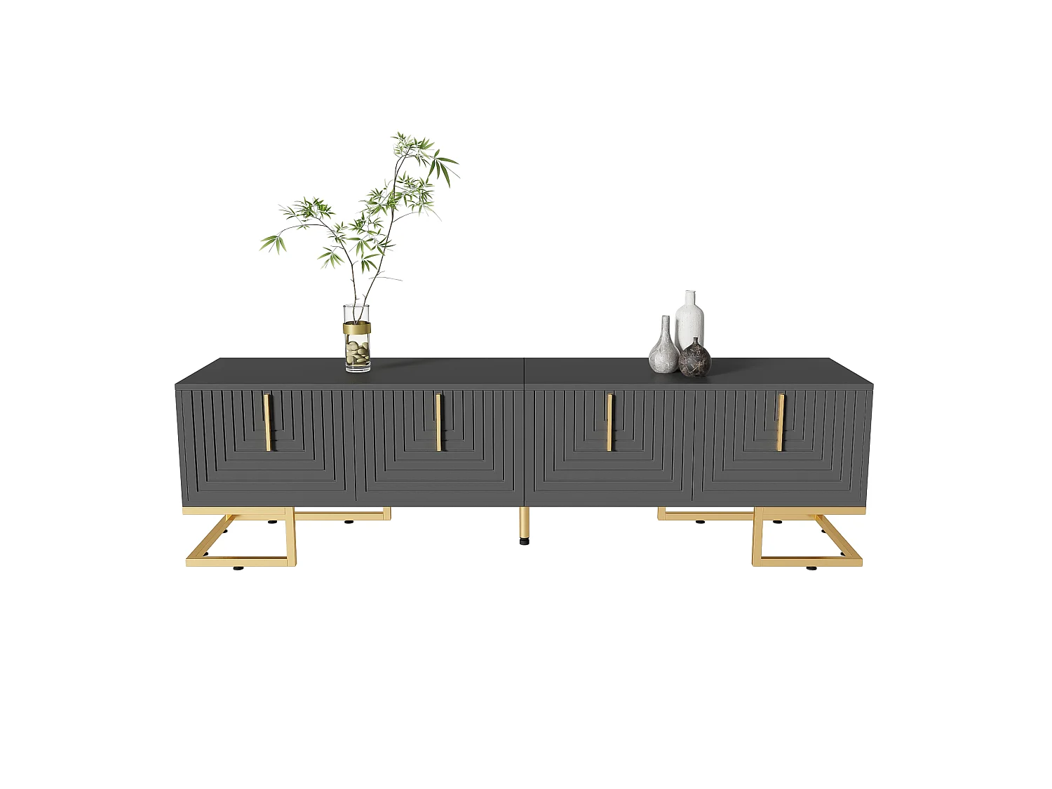 Meuble TV avec 4 portes - 170 x 40 x 45.5 cm - Poignées dorées et pieds dorés - Panneaux de particules - Gris