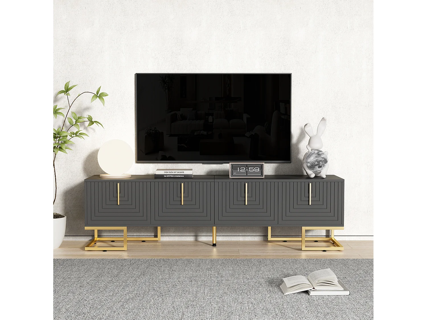 Meuble TV avec 4 portes - 170 x 40 x 45.5 cm - Poignées dorées et pieds dorés - Panneaux de particules - Gris