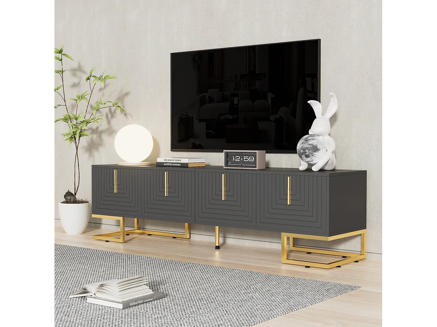 Meuble TV avec 4 portes - 170 x 40 x 45.5 cm - Poignées dorées et pieds dorés - Panneaux de particules - Gris