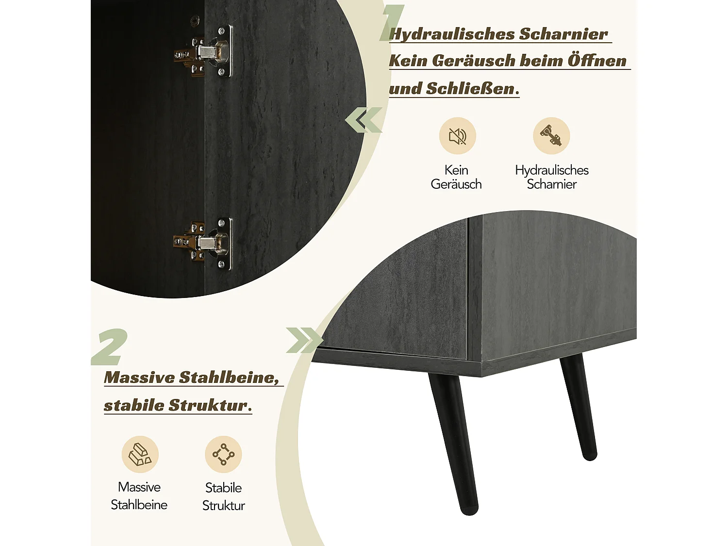 TV-Ständer mit 3 Türen und 2 Regalböden – 200 x 40 x 55,5 cm – MDF-Holz – grau