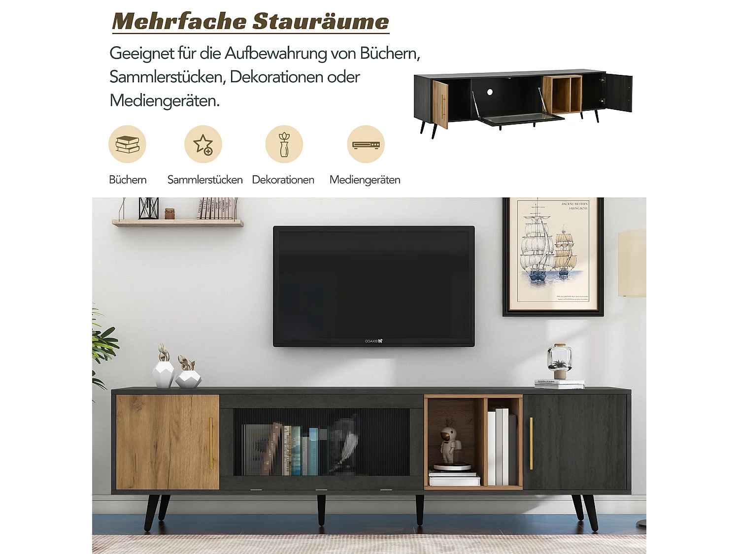 TV-Ständer mit 3 Türen und 2 Regalböden – 200 x 40 x 55,5 cm – MDF-Holz – grau