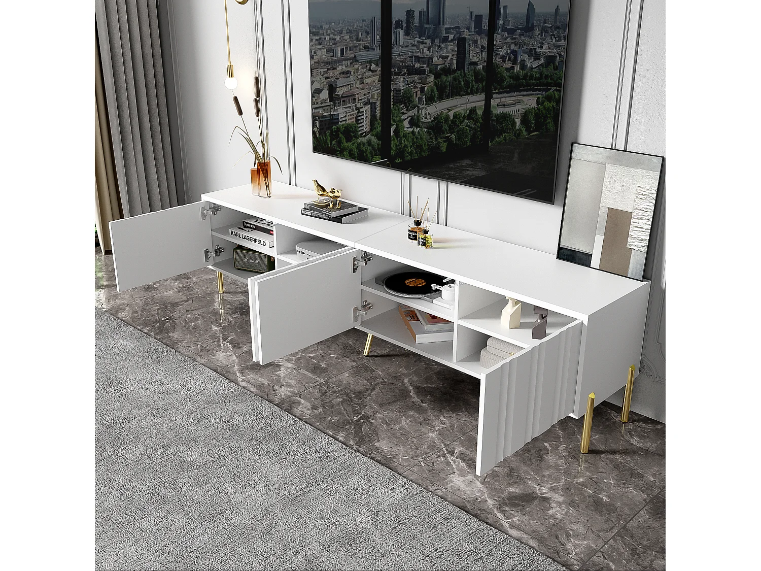 TV-Ständer mit 4 Türen – 190 x 38 x 48 cm – MDF und Spanplatte – weiß