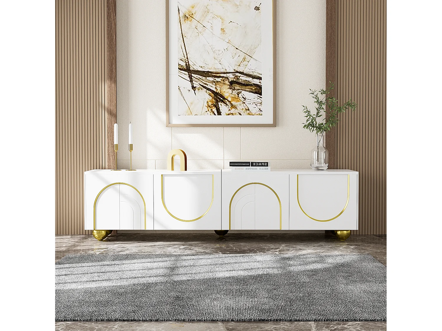 Meuble TV bas avec portes texturées - 170 x 38 x 44 cm - avec pieds ronds dorés - aggloméré - blanc