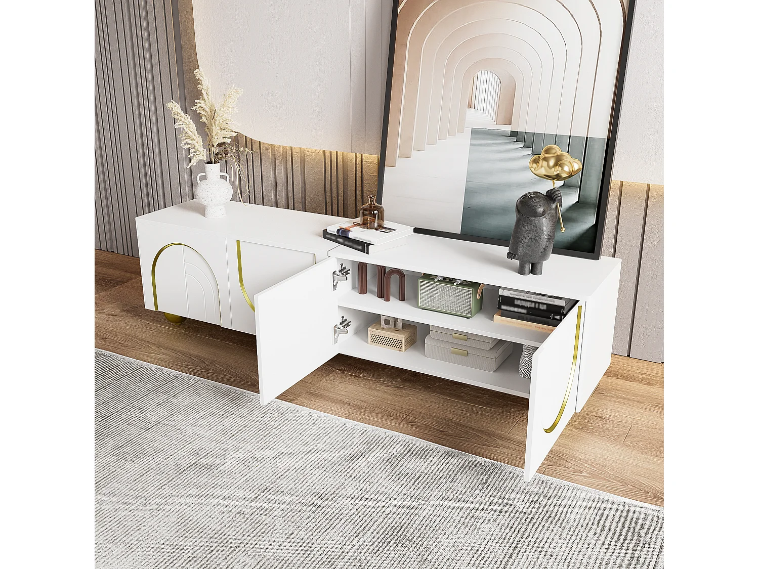 Mobile TV basso con ante texturizzate - 170 x 38 x 44 cm - con gambe rotonde dorate - truciolare - bianco