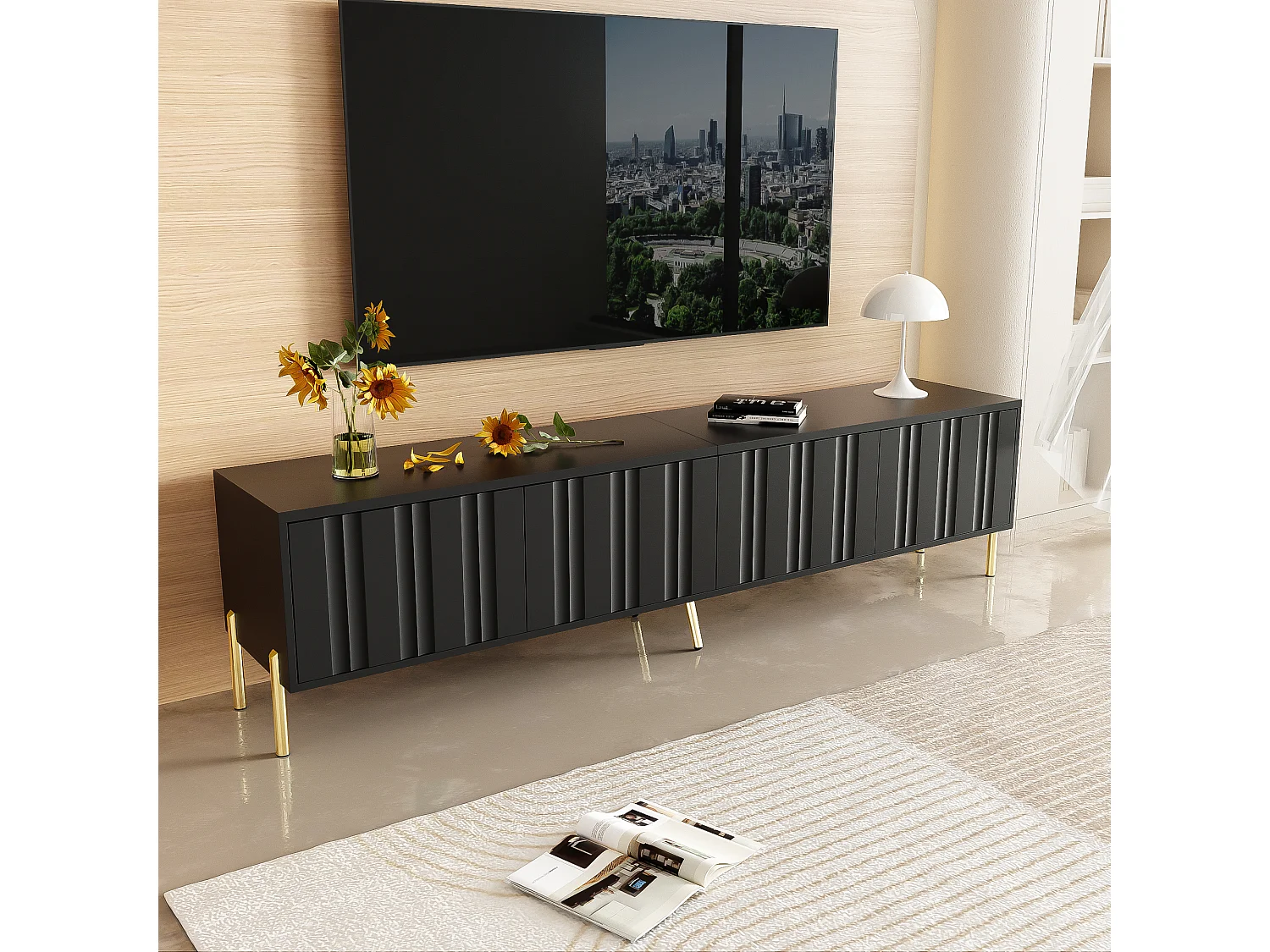 Meuble TV avec 4 portes - 190 x 38 x 48 cm - Bois MDF et panneaux de particules - Noir