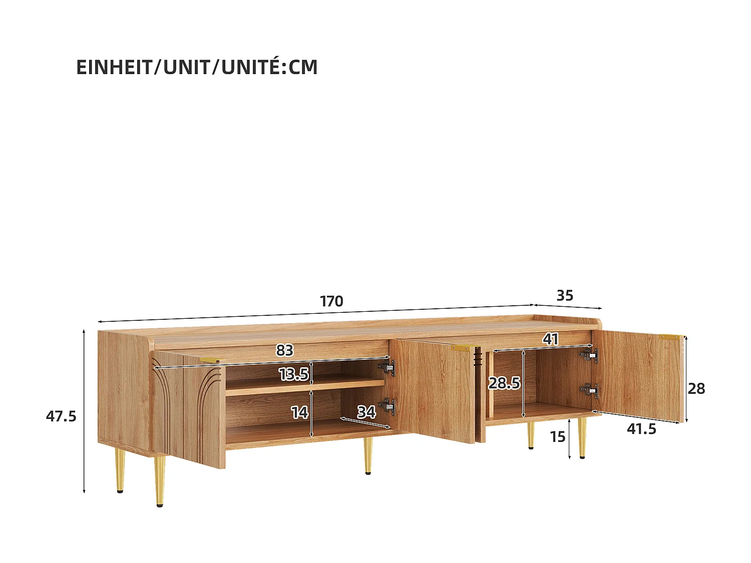 Mobile TV con 4 ante texturizzate - 170 x 35 x 47,5 cm - maniglie e gambe dorate - MDF - naturale