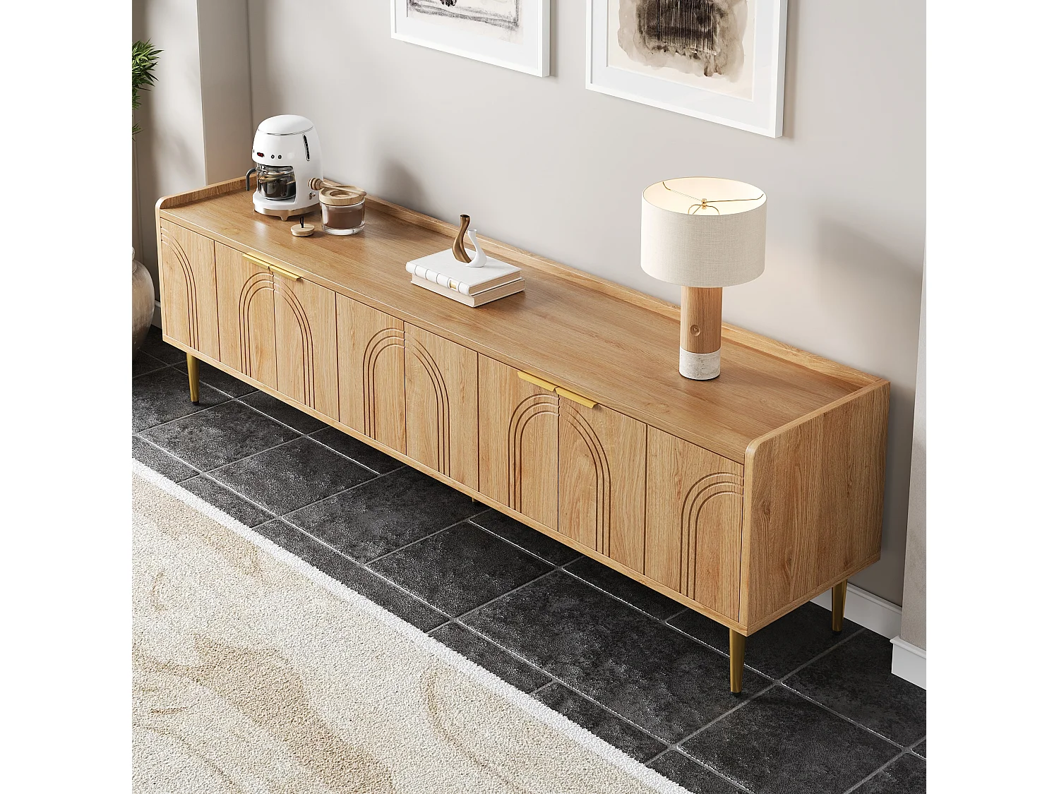 Mobile TV con 4 ante texturizzate - 170 x 35 x 47,5 cm - maniglie e gambe dorate - MDF - naturale