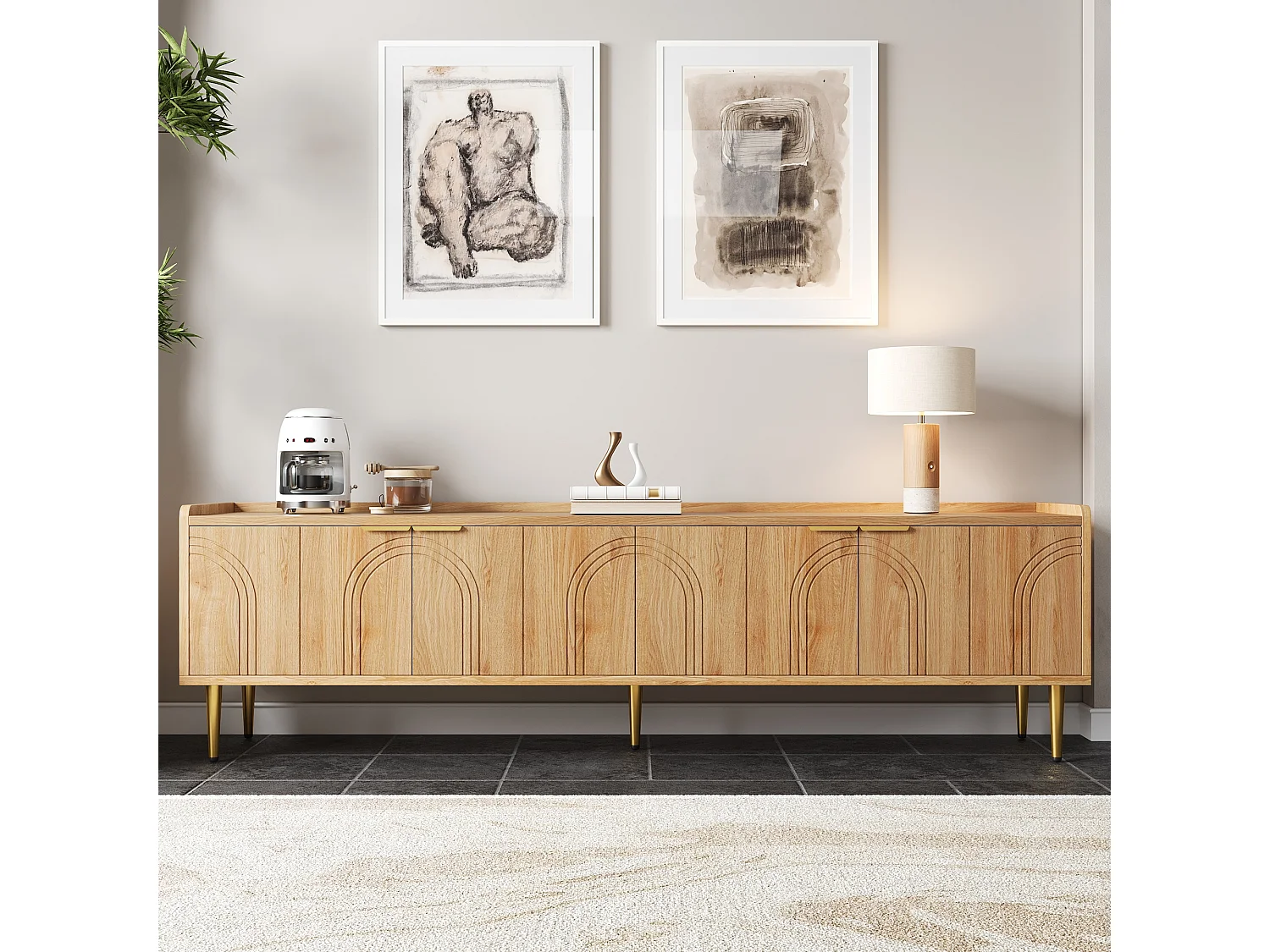 Meuble TV avec 4 porte texturées - 170 x 35 x 47.5 cm - poignées et pieds dorés -MDF - naturel