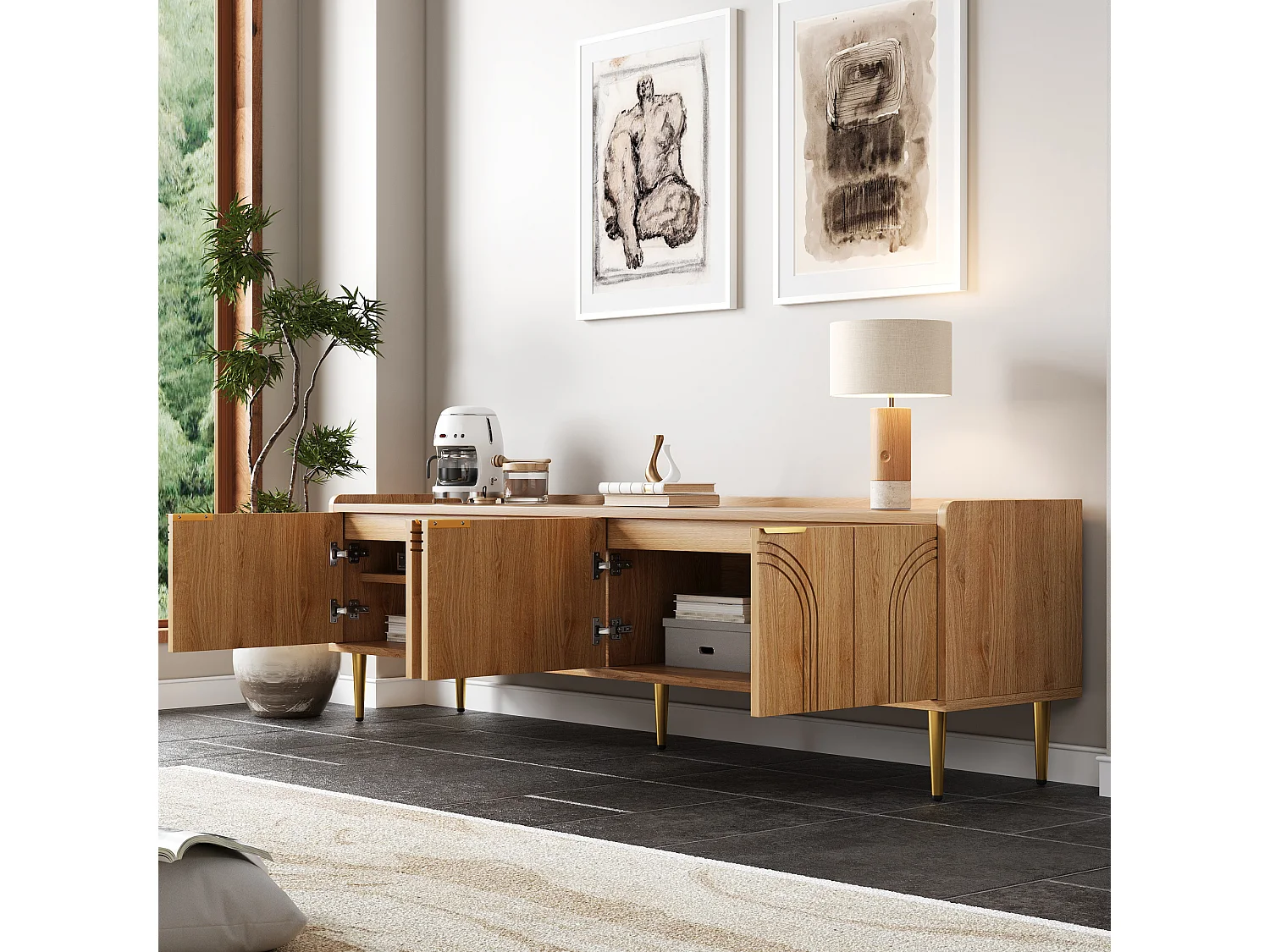 Stolik pod TV z 4 teksturowanymi drzwiami - 170 x 35 x 47,5 cm - złote uchwyty i nogi - MDF - naturalny