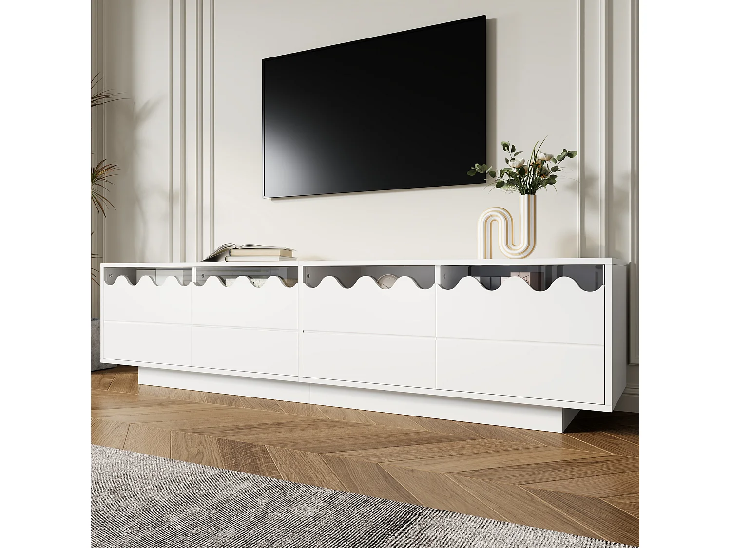 Mobile TV moderno con 4 ante e design ondulato - 170 x 40 x 45 cm - elegante contenitore per il soggiorno - MDF + truciolato - bianco
