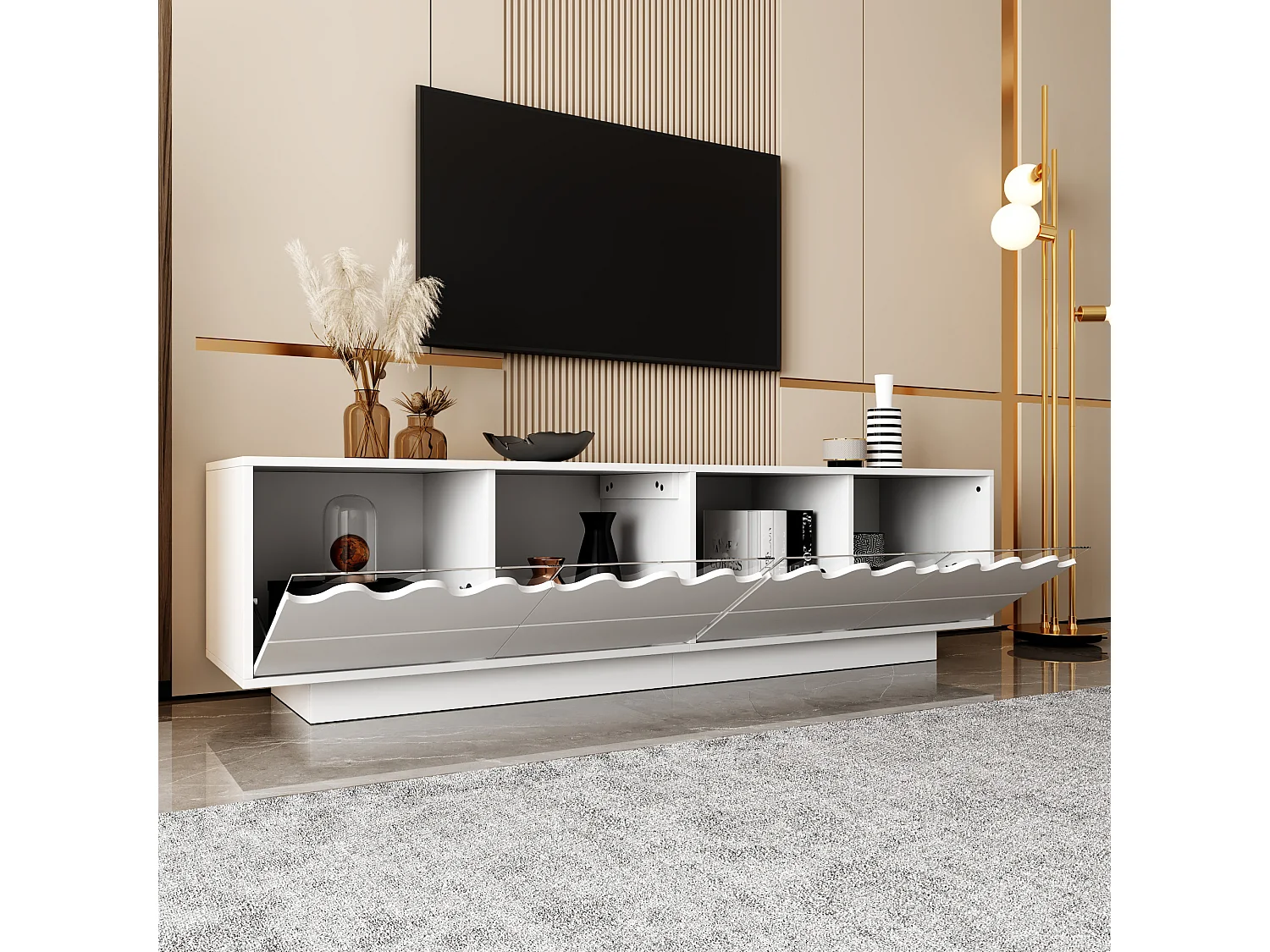 Mobile TV moderno con 4 ante e design ondulato - 170 x 40 x 45 cm - elegante contenitore per il soggiorno - MDF + truciolato - bianco