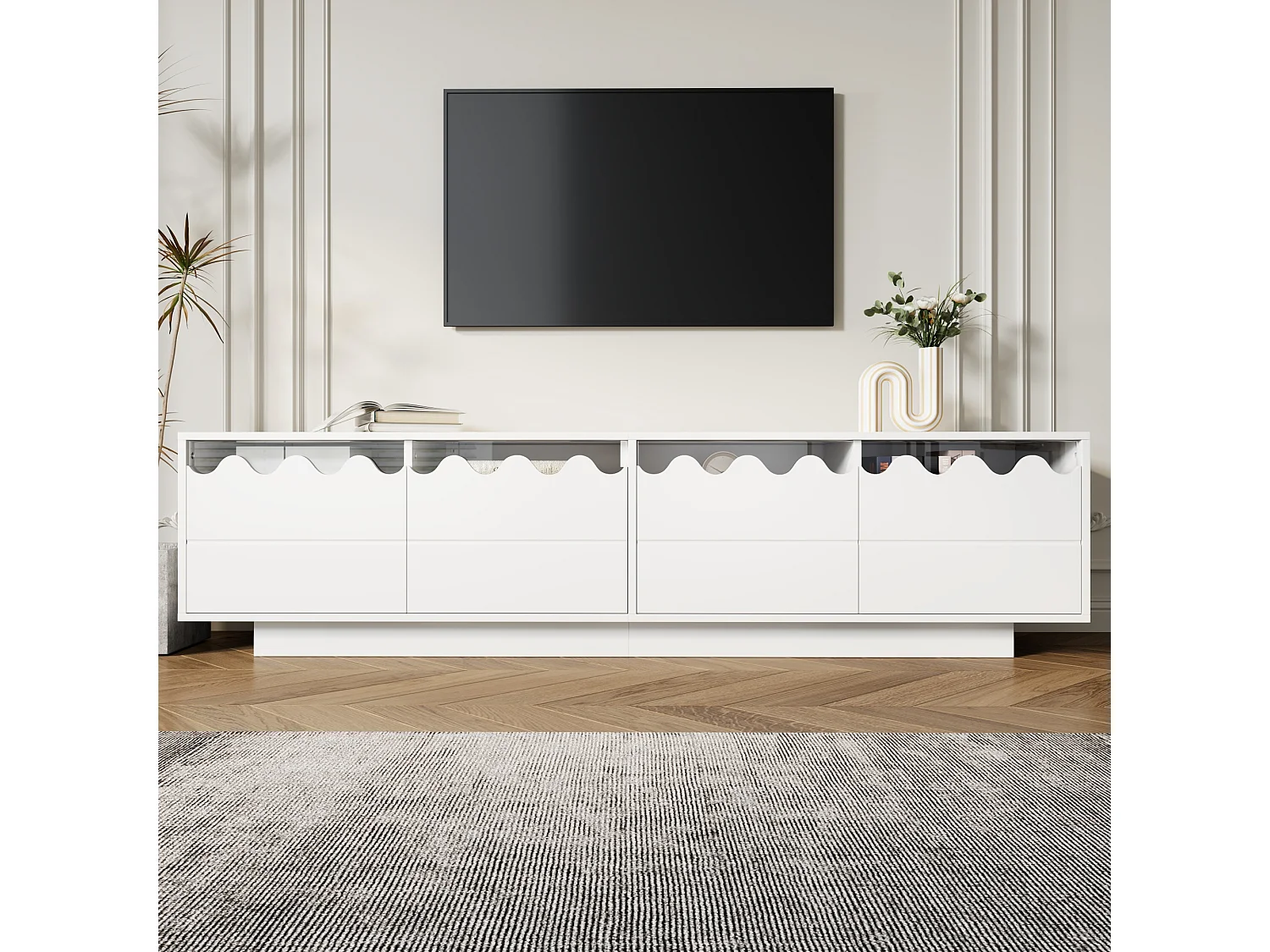 Mobile TV moderno con 4 ante e design ondulato - 170 x 40 x 45 cm - elegante contenitore per il soggiorno - MDF + truciolato - bianco