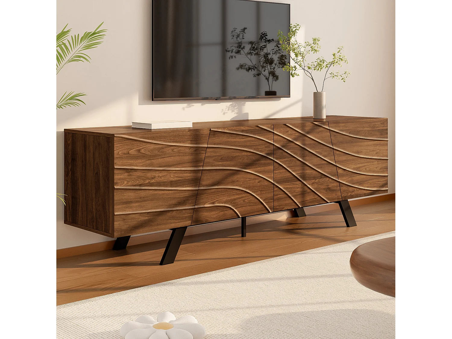TV-Ständer mit geschwungener Front – Walnuss-Finish mit Eisenbeinen und 4 Türen – 160 x 39 x 50,5 cm – MDF – braun
