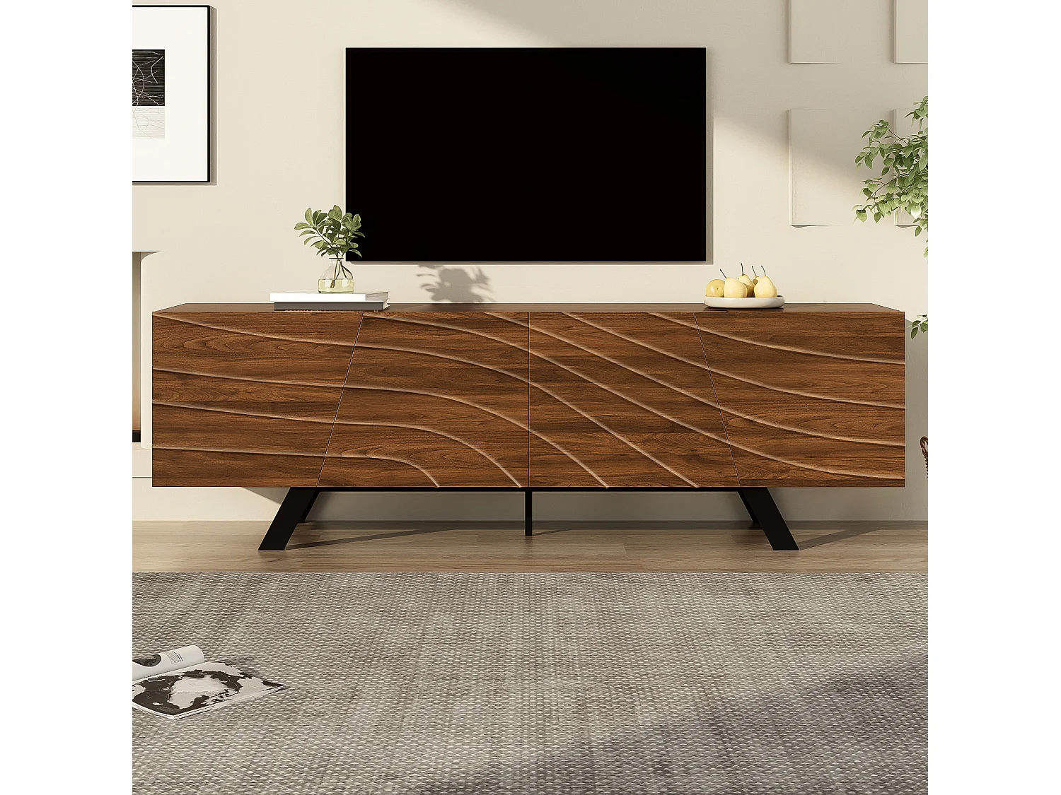 Meuble TV avec façade ondulée - aspect noyer avec pieds en fer et 4 portes - 160 x 39 x 50.5 cm - MDF - marron