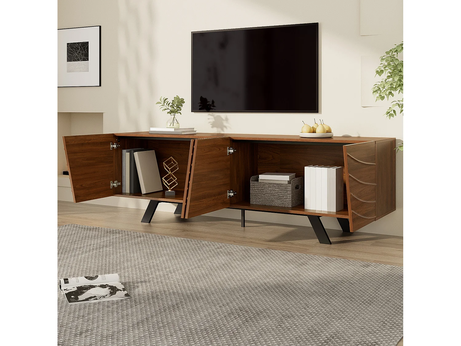 TV-Ständer mit geschwungener Front – Walnuss-Finish mit Eisenbeinen und 4 Türen – 160 x 39 x 50,5 cm – MDF – braun