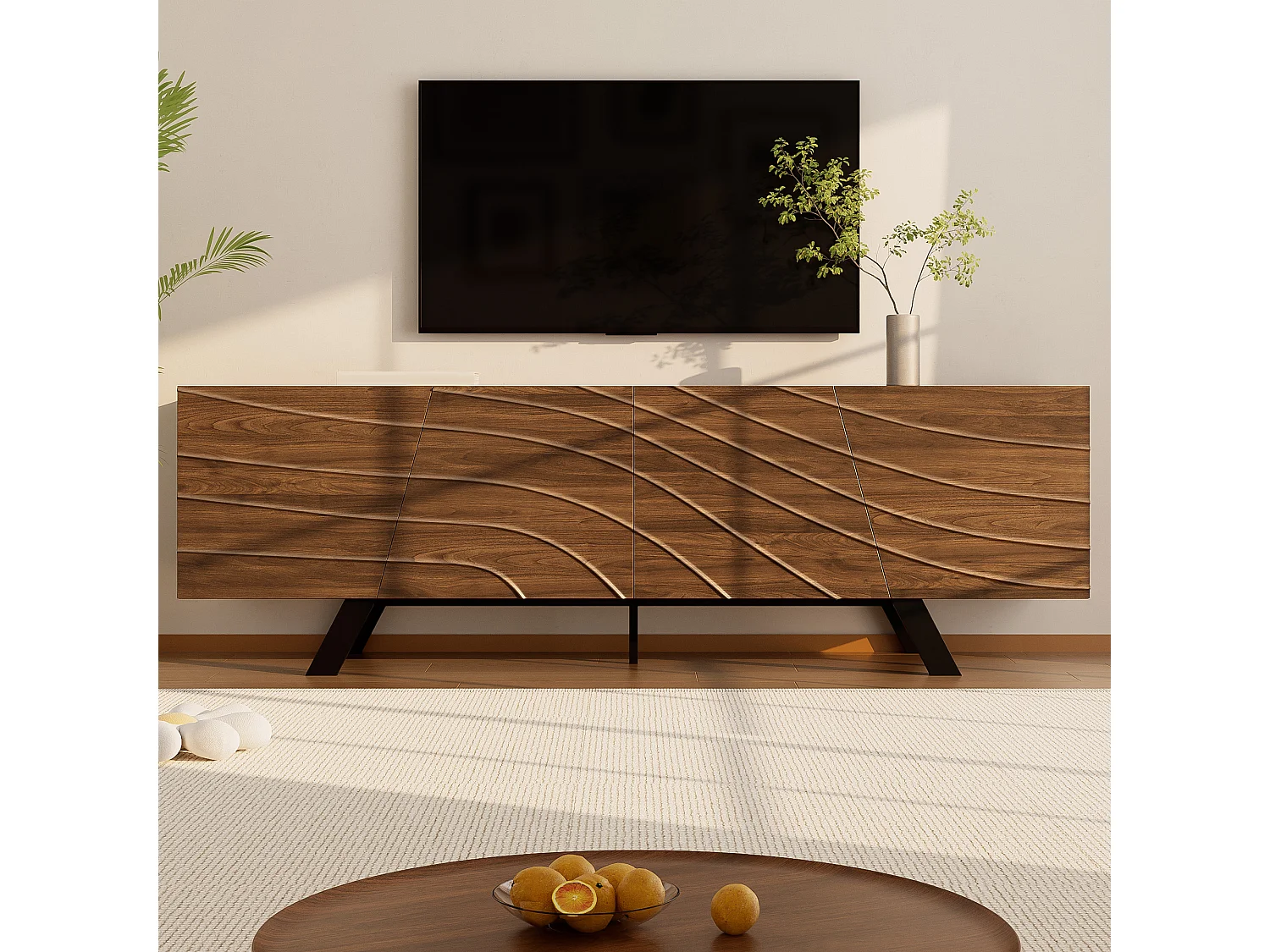 TV-Ständer mit geschwungener Front – Walnuss-Finish mit Eisenbeinen und 4 Türen – 160 x 39 x 50,5 cm – MDF – braun