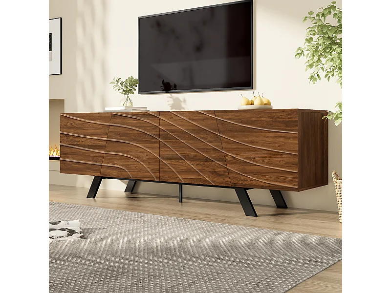 Meuble TV avec façade ondulée - aspect noyer avec pieds en fer et 4 portes - 160 x 39 x 50.5 cm - MDF - marron