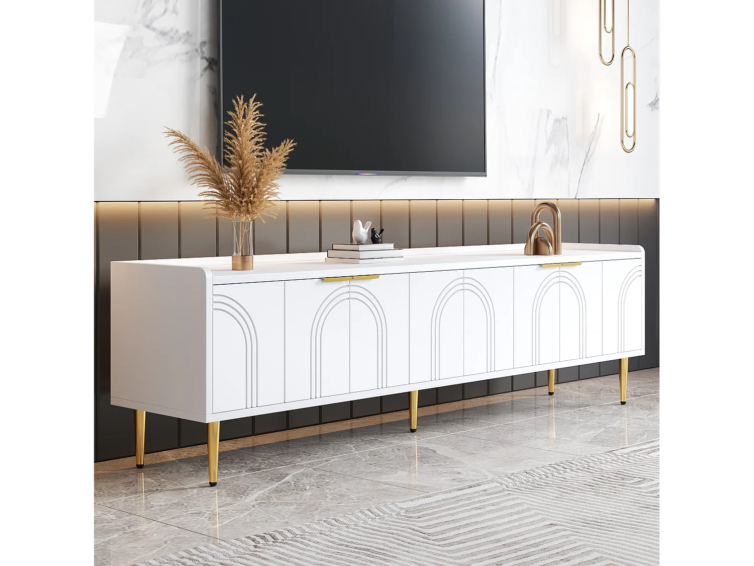 Mobile TV con 4 ante texturizzate - 170 x 35 x 47,5 cm - maniglie e gambe dorate - MDF - bianco