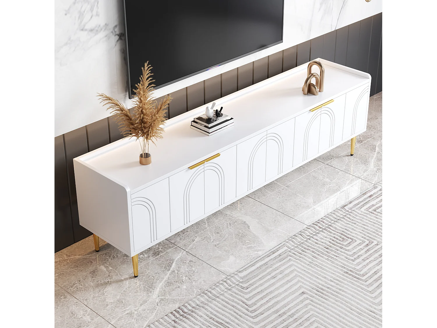 TV-Ständer mit 4 strukturierten Türen – 170 x 35 x 47,5 cm – goldene Griffe und Beine – MDF – weiß