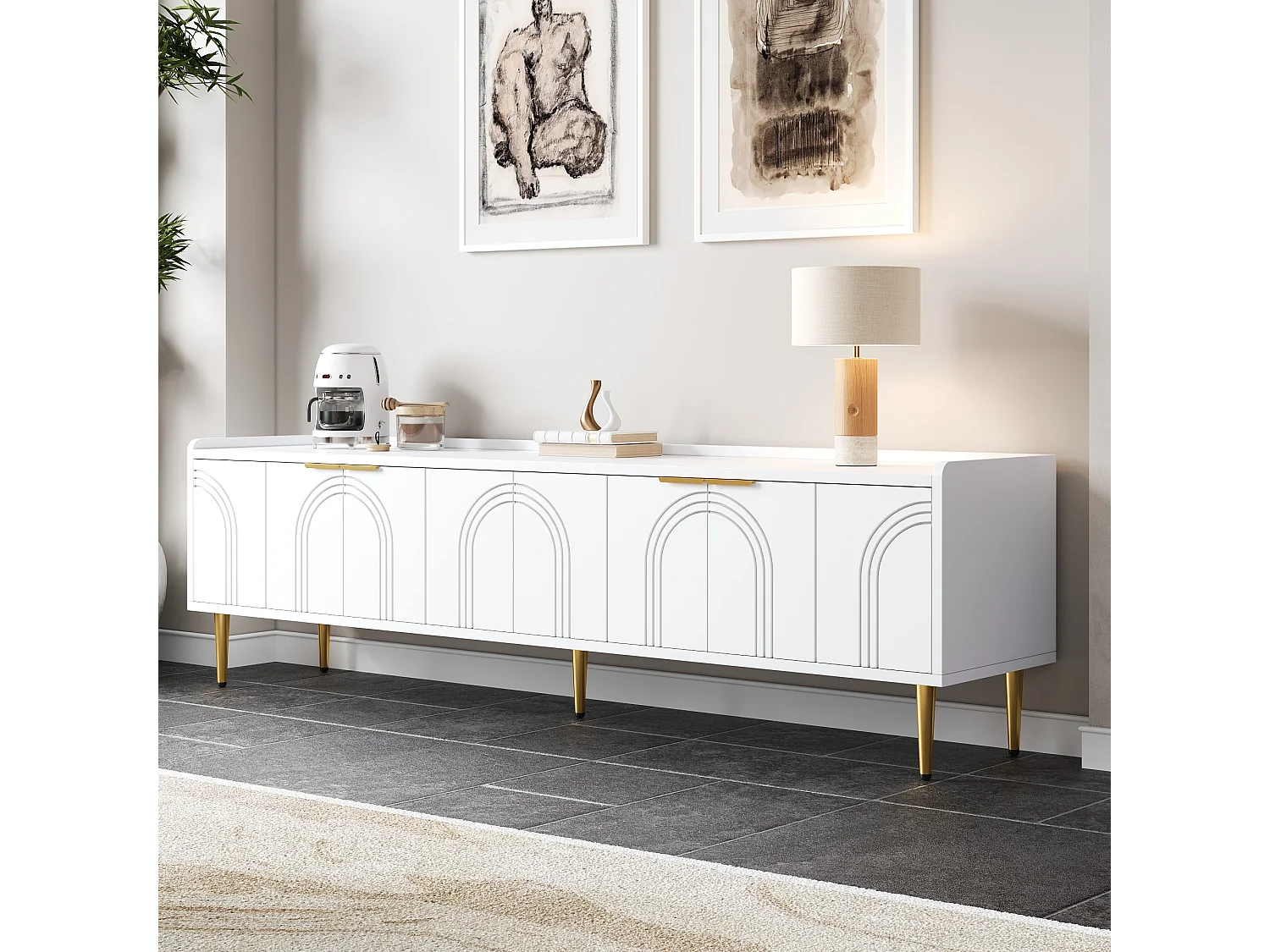 Meuble TV avec 4 porte texturées - 170 x 35 x 47.5 cm - poignées et pieds dorés -MDF - blanc