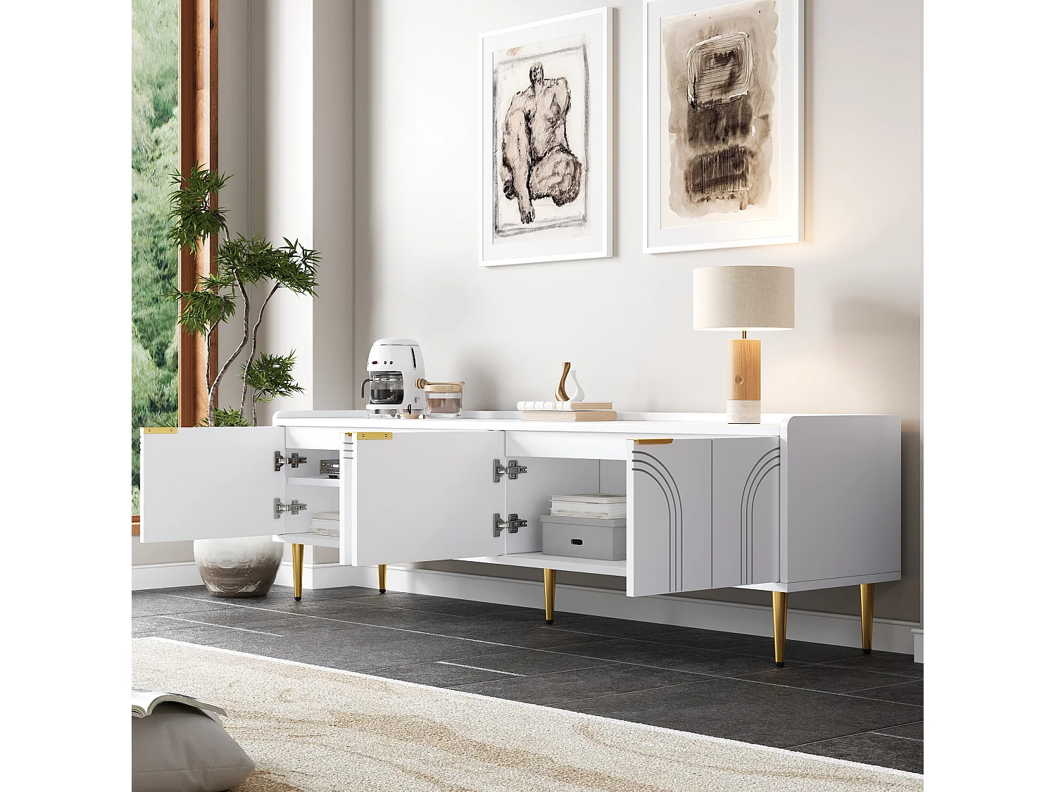 Meuble TV avec 4 porte texturées - 170 x 35 x 47.5 cm - poignées et pieds dorés -MDF - blanc