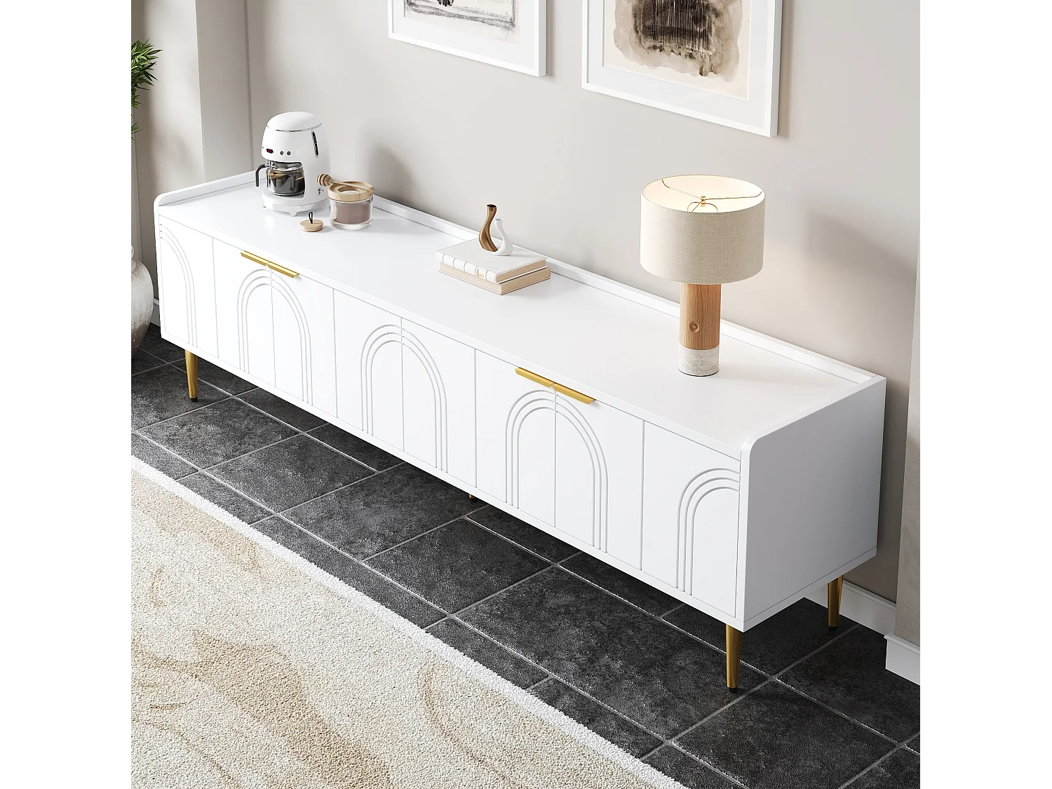 Meuble TV avec 4 porte texturées - 170 x 35 x 47.5 cm - poignées et pieds dorés -MDF - blanc