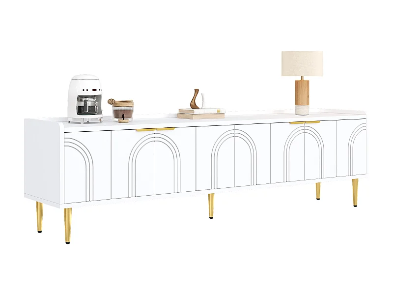 Meuble TV avec 4 porte texturées - 170 x 35 x 47.5 cm - poignées et pieds dorés -MDF - blanc