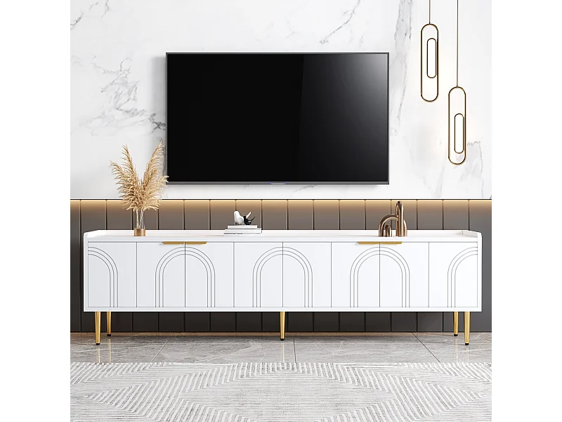Móvel para TV com 4 portas texturizadas - 170 x 35 x 47,5 cm - puxadores e pés dourados - MDF - branco