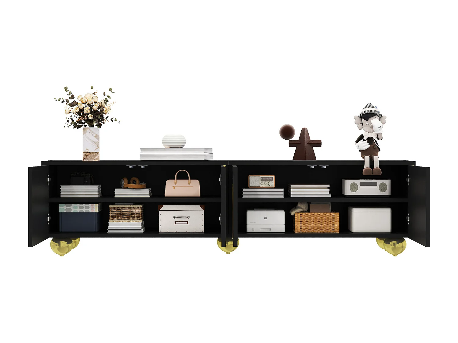 Meuble TV bas avec portes texturées - 170 x 38 x 44 cm - avec pieds ronds dorés - aggloméré - noir