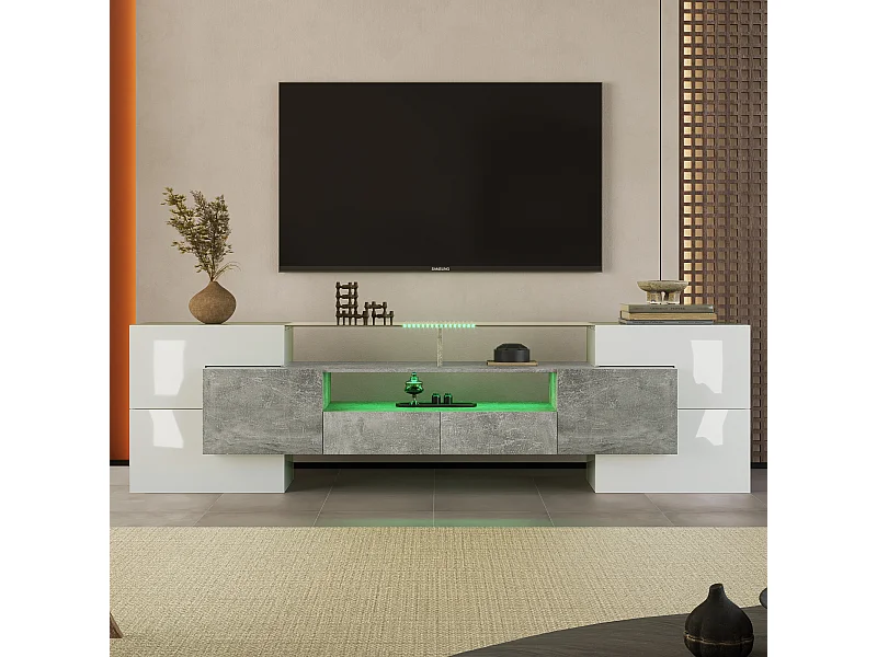 Meuble TV moderne avec 4 portes + 2 tiroirs + 2 niches - 200 x 35 x 60 cm - Aspect brillant - Leds - MDF - gris
