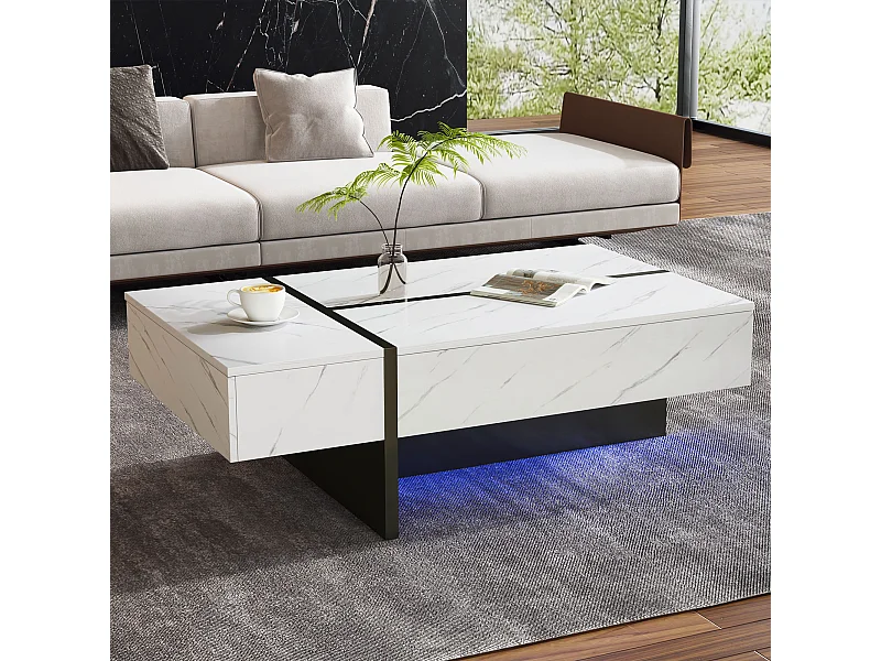 Moderner weißer Couchtisch mit LED-Beleuchtung – Marmoroptik – Hochglanzplatte – 105 x 60 x 35 cm – Spanplatte – weiß