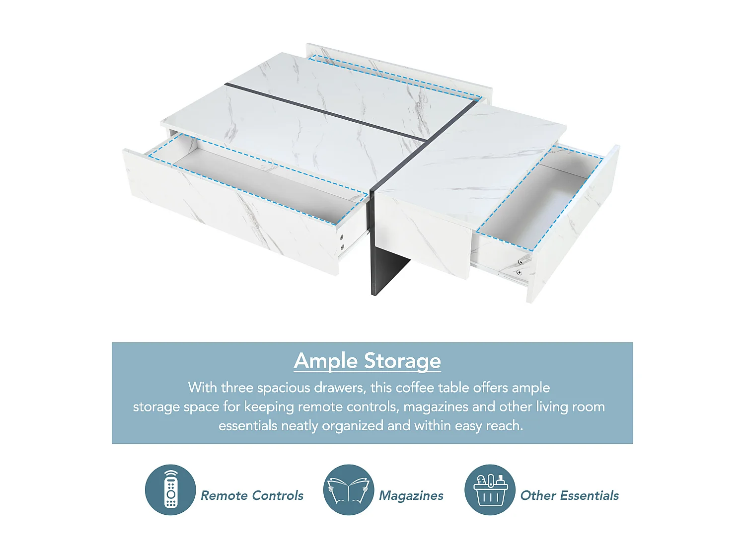 Moderner weißer Couchtisch mit LED-Beleuchtung – Marmoroptik – Hochglanzplatte – 105 x 60 x 35 cm – Spanplatte – weiß