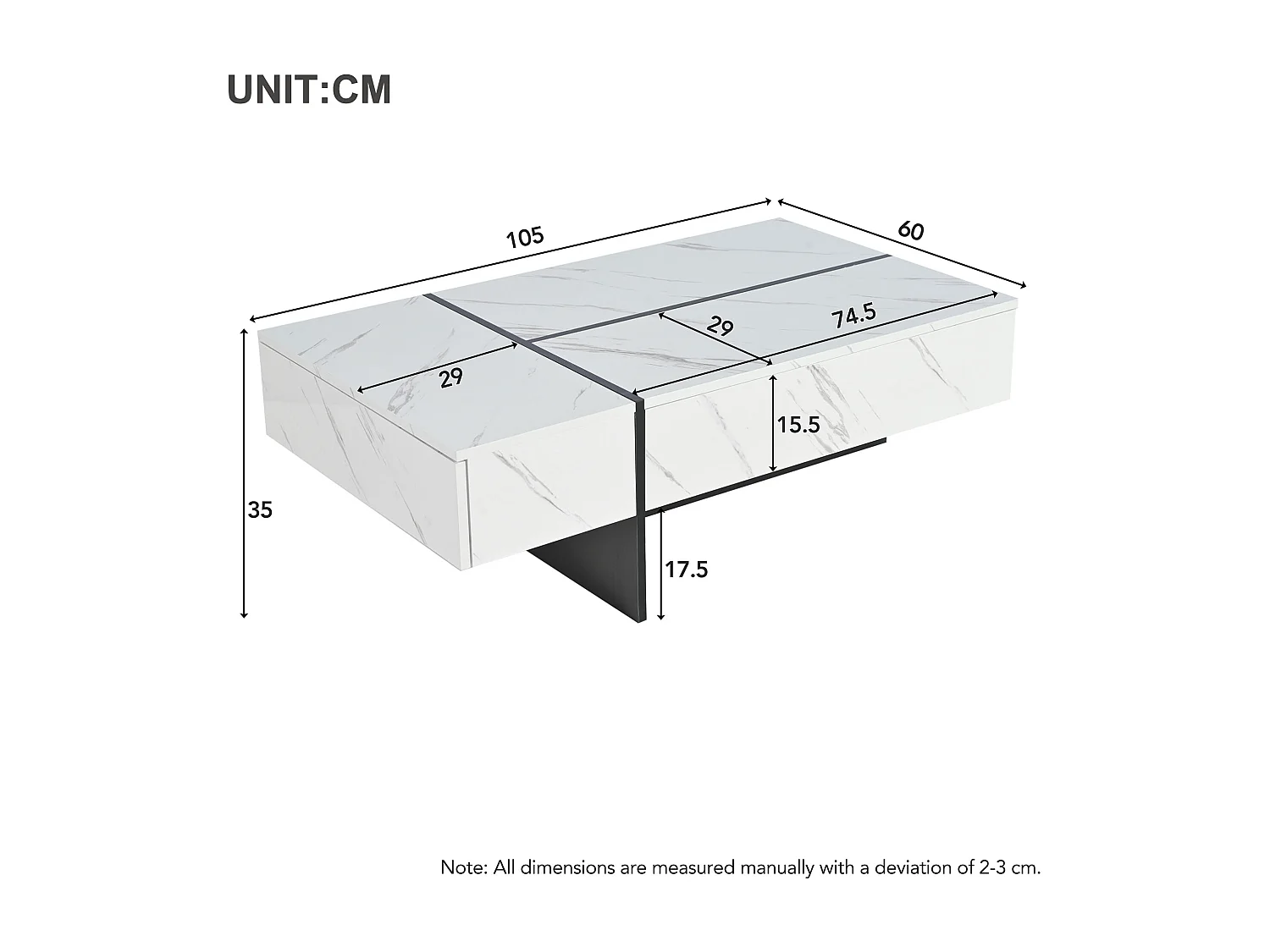 Tavolino da caffè moderno bianco con illuminazione a LED - effetto marmo - piano lucido - 105 x 60 x 35 cm - truciolare - bianco