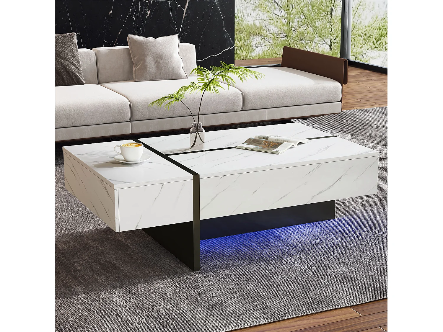 Tavolino da caffè moderno bianco con illuminazione a LED - effetto marmo - piano lucido - 105 x 60 x 35 cm - truciolare - bianco