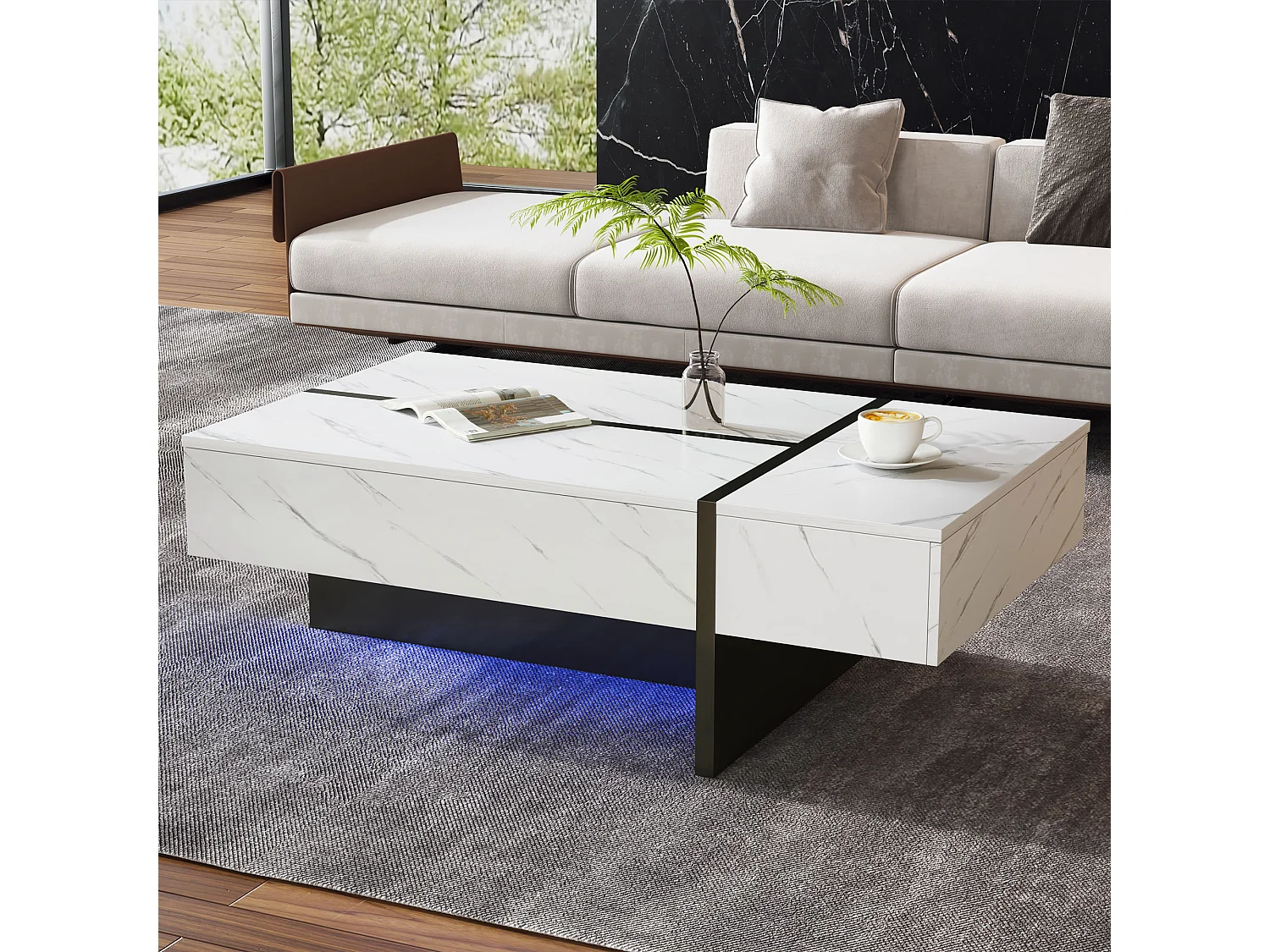 Tavolino da caffè moderno bianco con illuminazione a LED - effetto marmo - piano lucido - 105 x 60 x 35 cm - truciolare - bianco