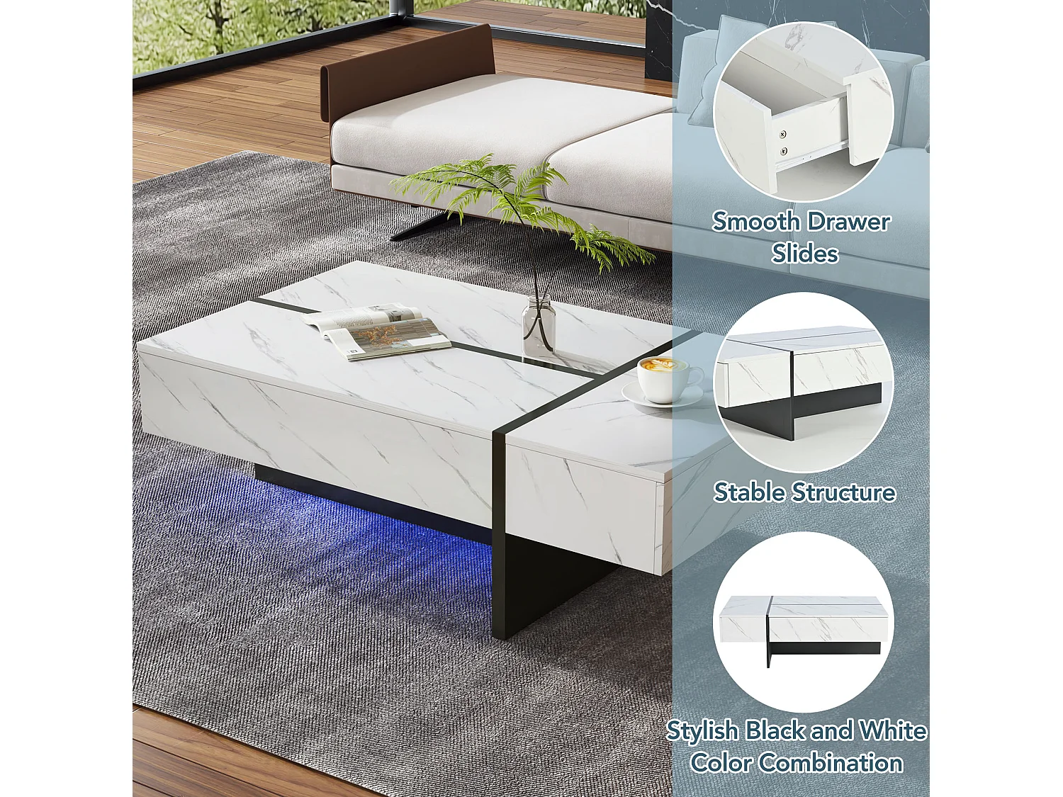 Tavolino da caffè moderno bianco con illuminazione a LED - effetto marmo - piano lucido - 105 x 60 x 35 cm - truciolare - bianco
