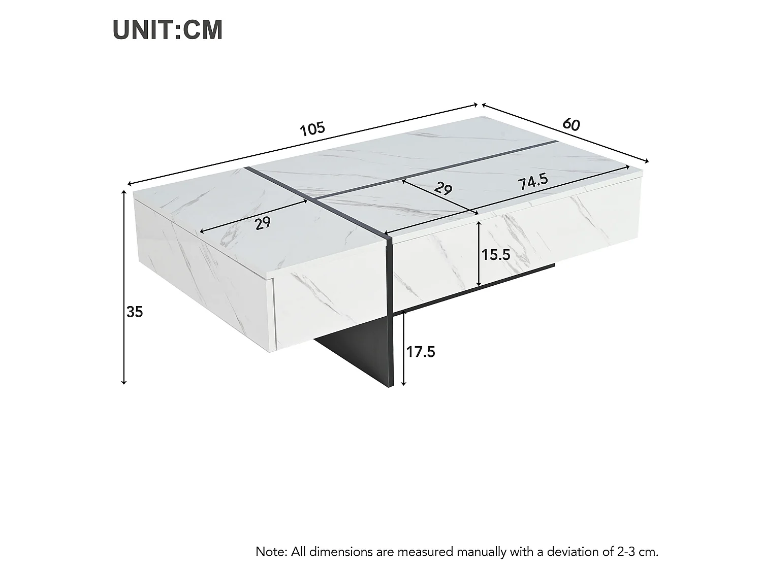 Tavolino da caffè moderno bianco con illuminazione a LED - effetto marmo - piano lucido - 105 x 60 x 35 cm - truciolare - bianco