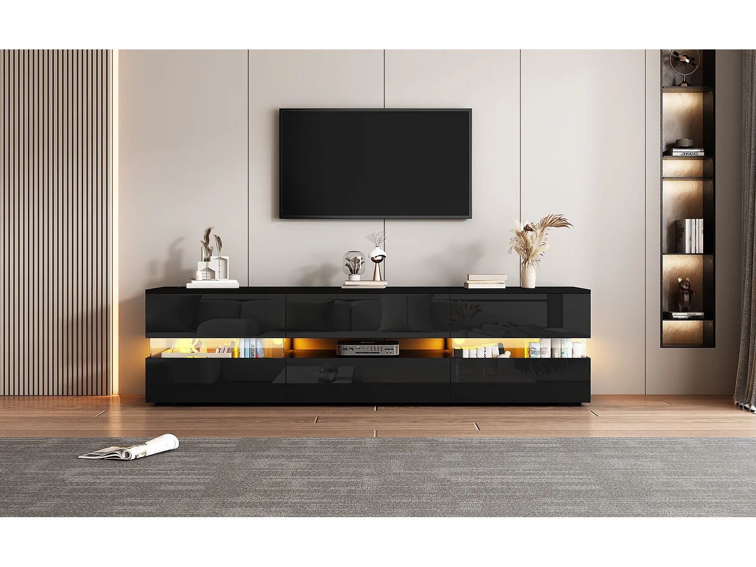 Mobile porta TV con 4 ante + 2 cassetti + vano a giorno - 160 x 39 x 45 cm - Truciolare - LED - nero