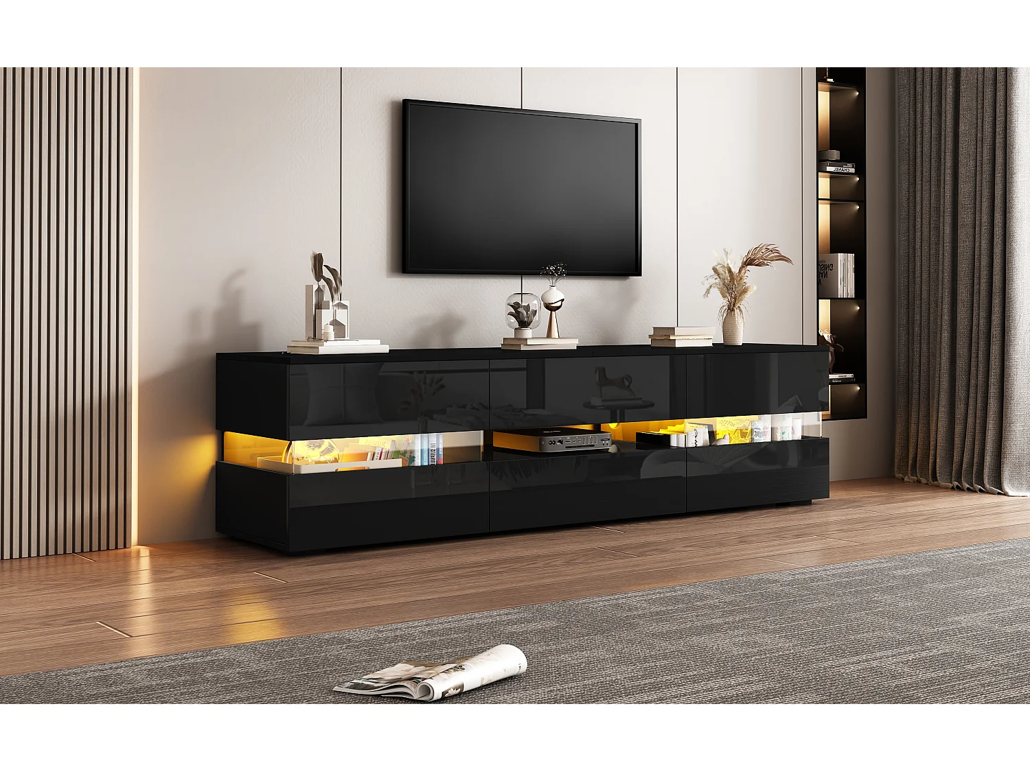 Mobile porta TV con 4 ante + 2 cassetti + vano a giorno - 160 x 39 x 45 cm - Truciolare - LED - nero