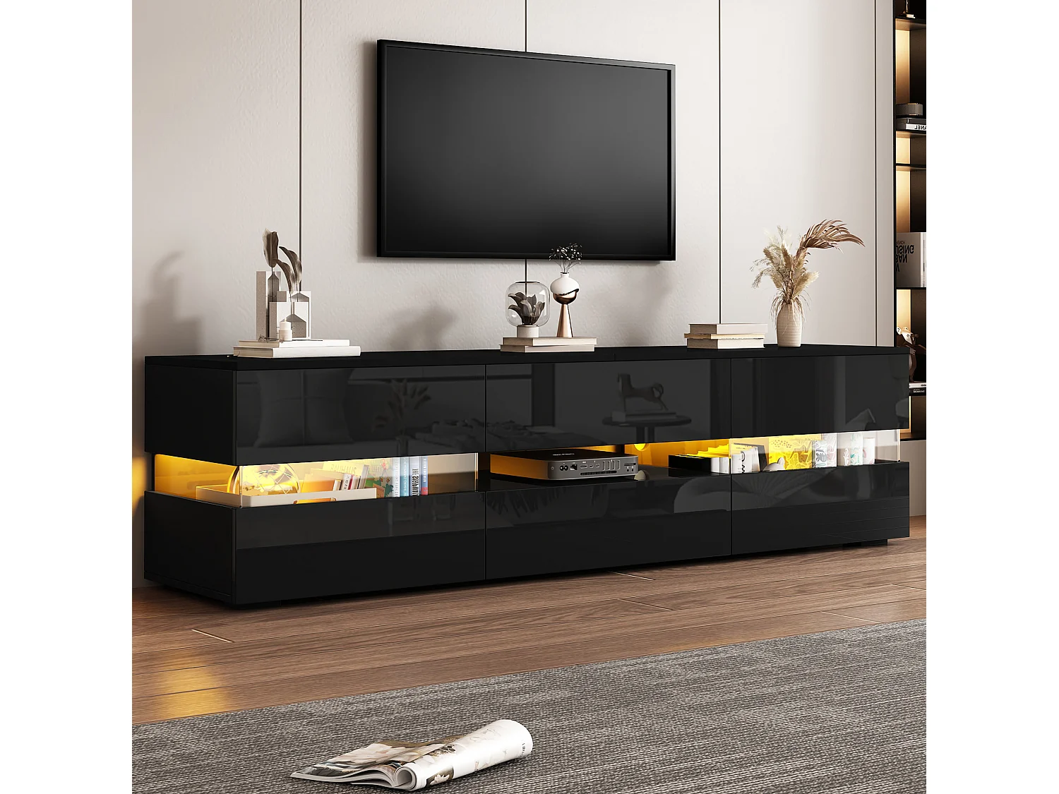 Meuble TV avec 4 portes + 2 tiroirs + compartiment ouvert - 160 x 39 x 45 cm - Panneau de particules - Leds - noir