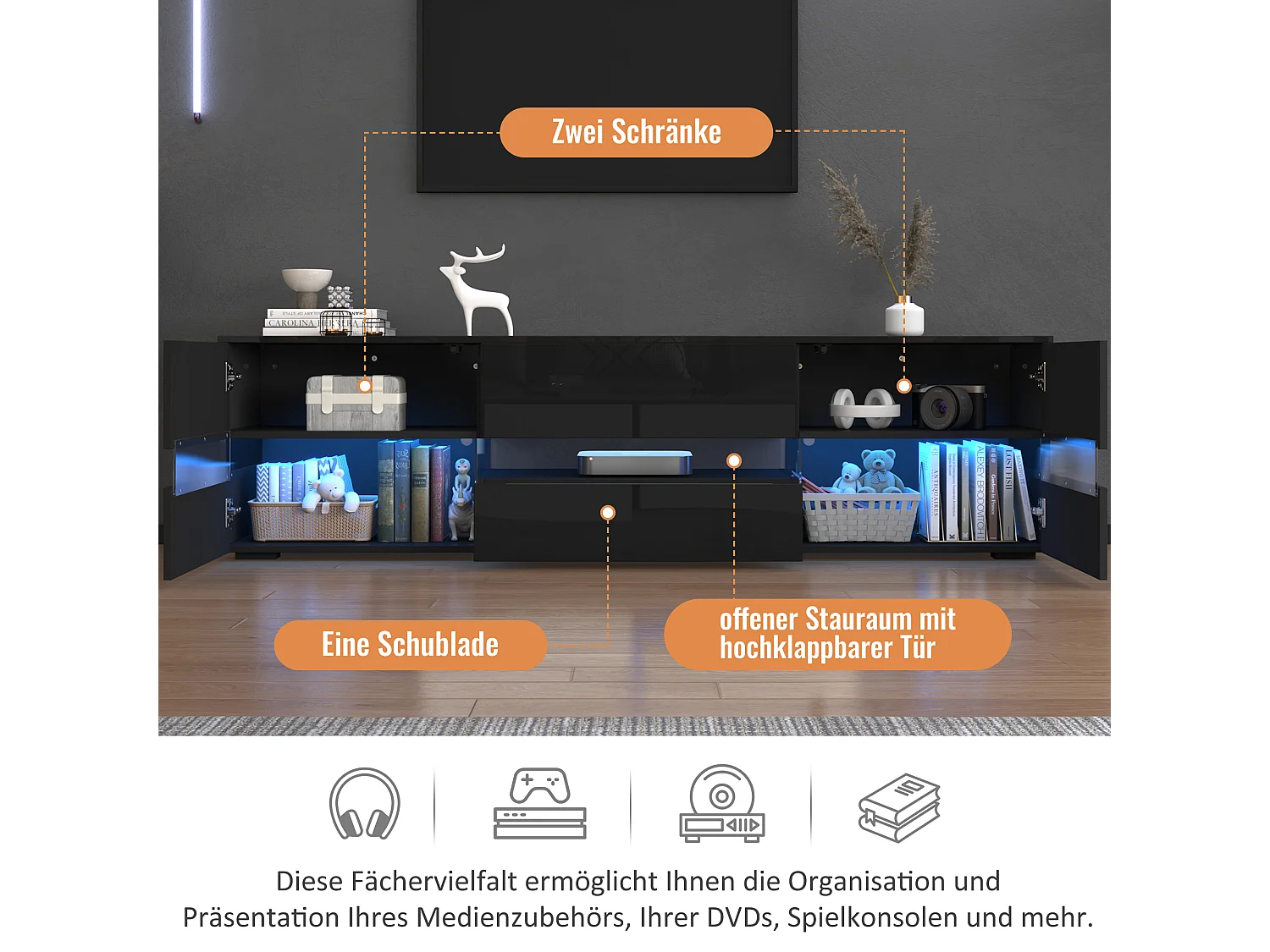 Meuble TV avec 4 portes + 2 tiroirs + compartiment ouvert - 160 x 39 x 45 cm - Panneau de particules - Leds - noir