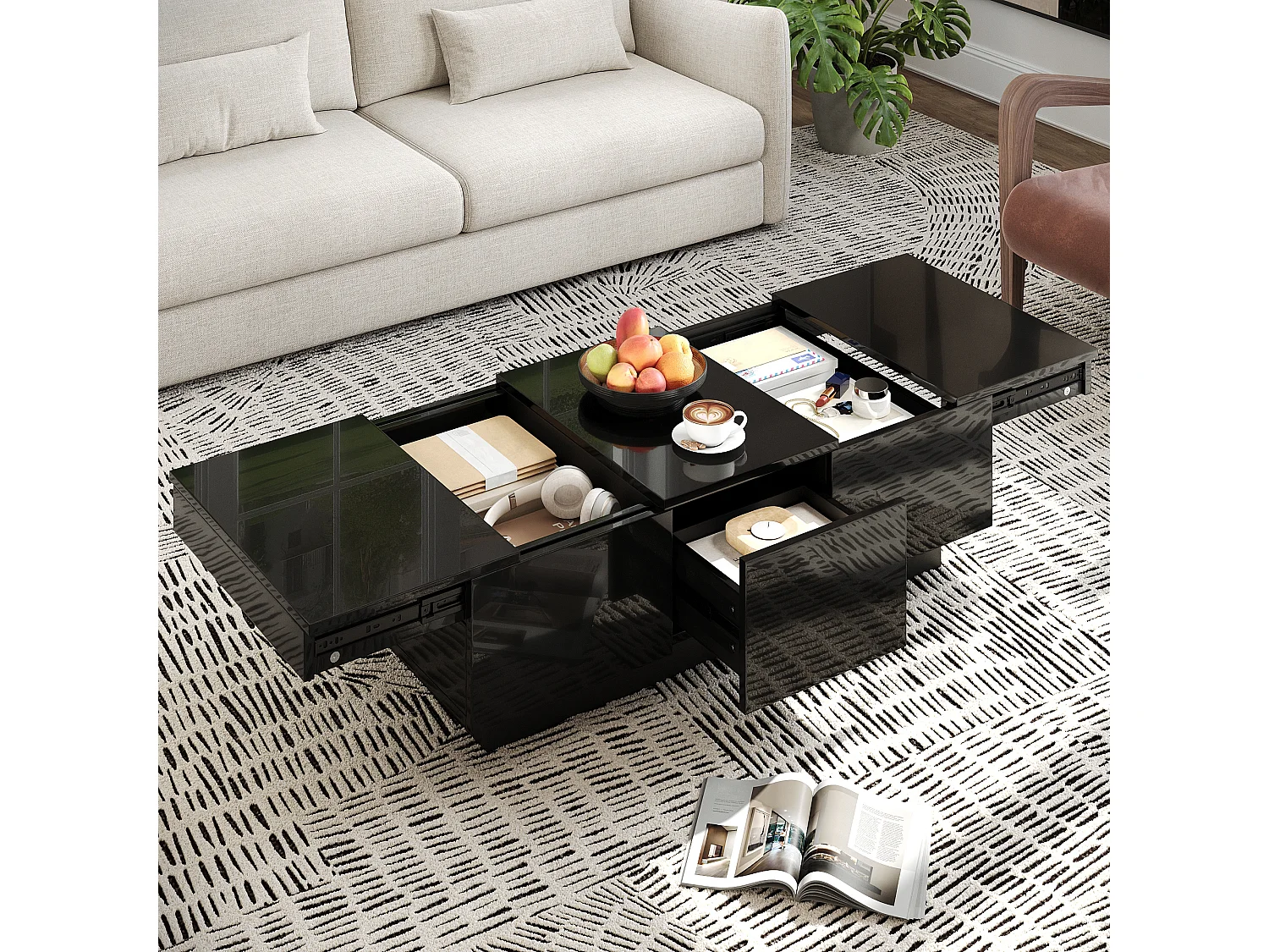 Table basse laquée brillante avec tiroirs et compartiment coulissant - 100 x 50 x 31 cm - aggloméré - noir