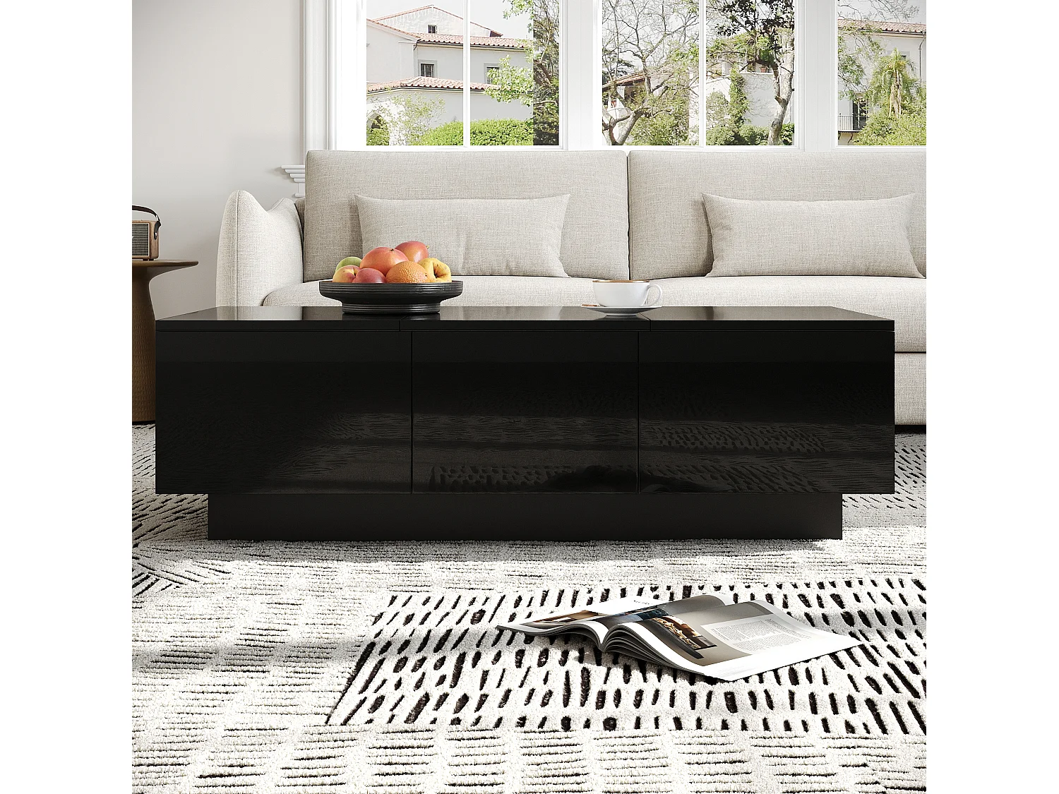 Table basse laquée brillante avec tiroirs et compartiment coulissant - 100 x 50 x 31 cm - aggloméré - noir