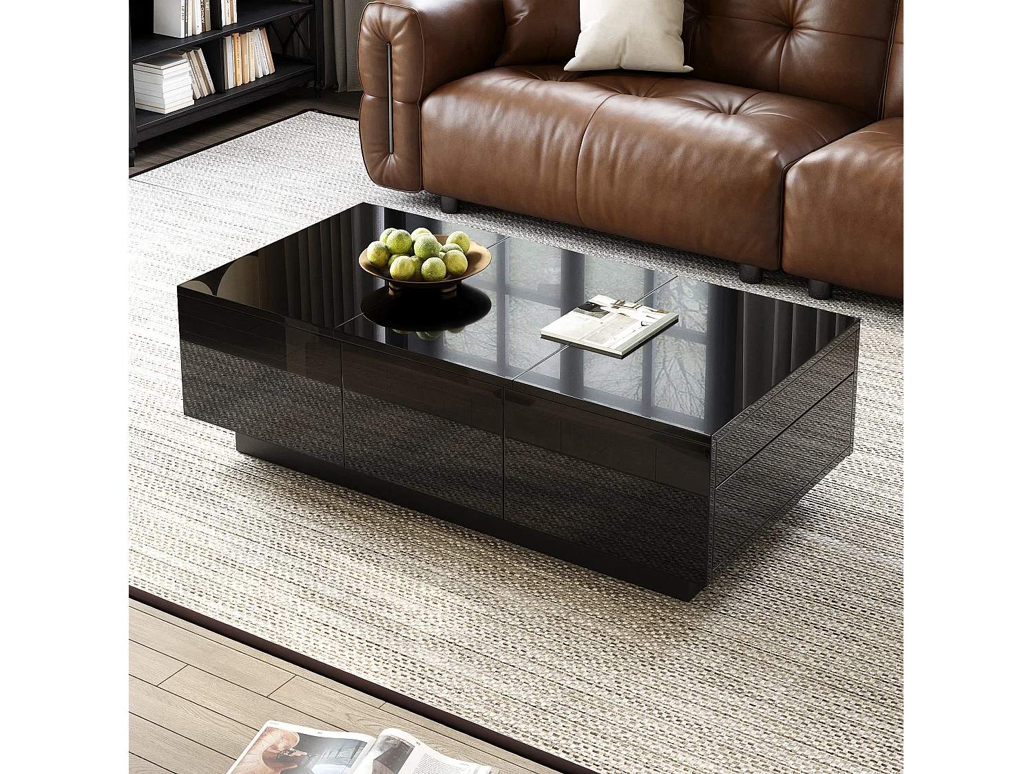 Table basse laquée brillante avec tiroirs et compartiment coulissant - 100 x 50 x 31 cm - aggloméré - noir