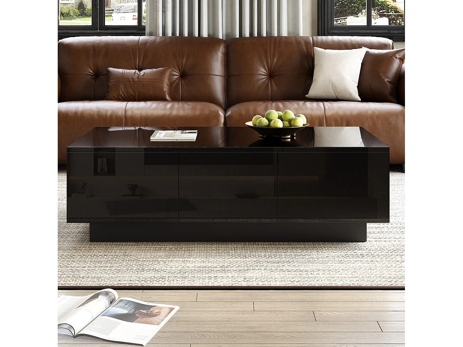 Table basse laquée brillante avec tiroirs et compartiment coulissant - 100 x 50 x 31 cm - aggloméré - noir