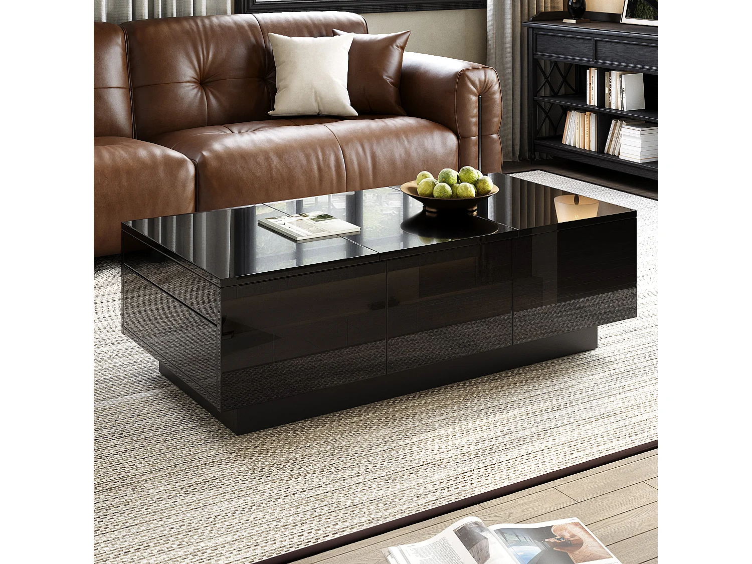 Table basse laquée brillante avec tiroirs et compartiment coulissant - 100 x 50 x 31 cm - aggloméré - noir